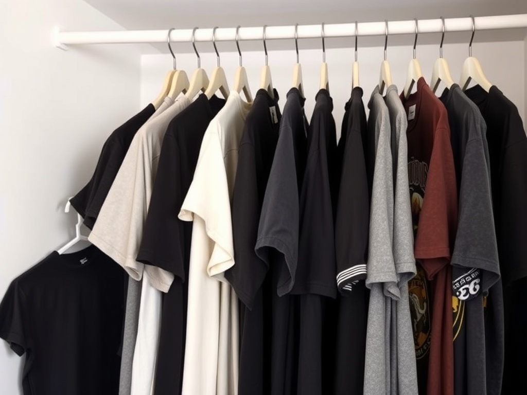 a minimalist closet with band shirts hung neatly by color and era, showing a curated aesthetic with black, faded vintage tees