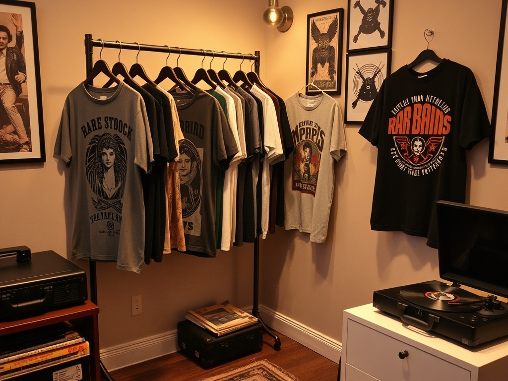 a stylish room corner with a clothing rack displaying rare band t-shirts, warm lighting, and a record player nearby