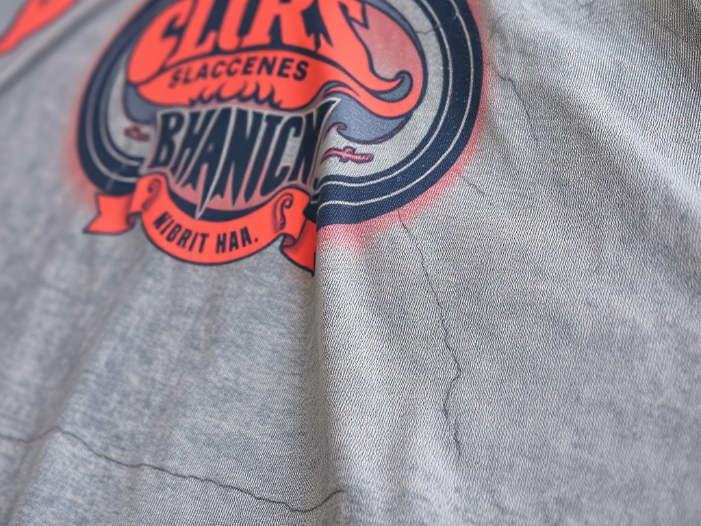 close-up of vintage band t-shirt fabric showing detailed fading, cracked print, and soft worn cotton texture