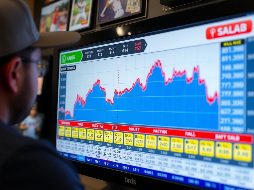 baseball card price chart on screen with rising and falling trends, collector analyzing data