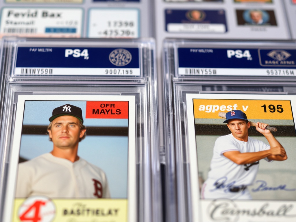 close-up of graded baseball cards in PSA slabs with labels visible, sharp focus, collector showcase