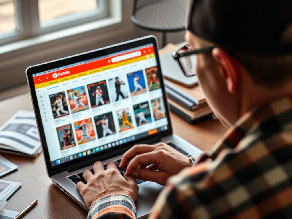 collector browsing baseball cards online marketplace on laptop with cards displayed, focused buying decision