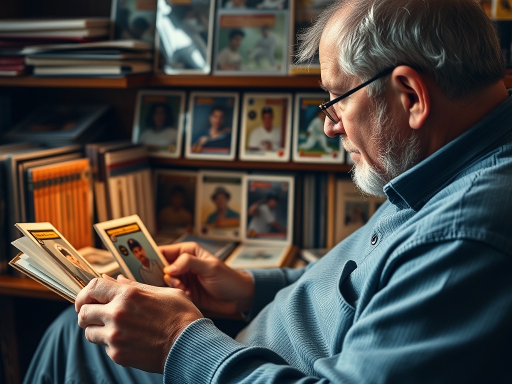 collector calmly reviewing baseball cards over time, journal notes and long-term mindset