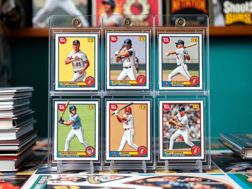 modern baseball rookie cards featuring top prospects in protective sleeves, bright colors, collector table