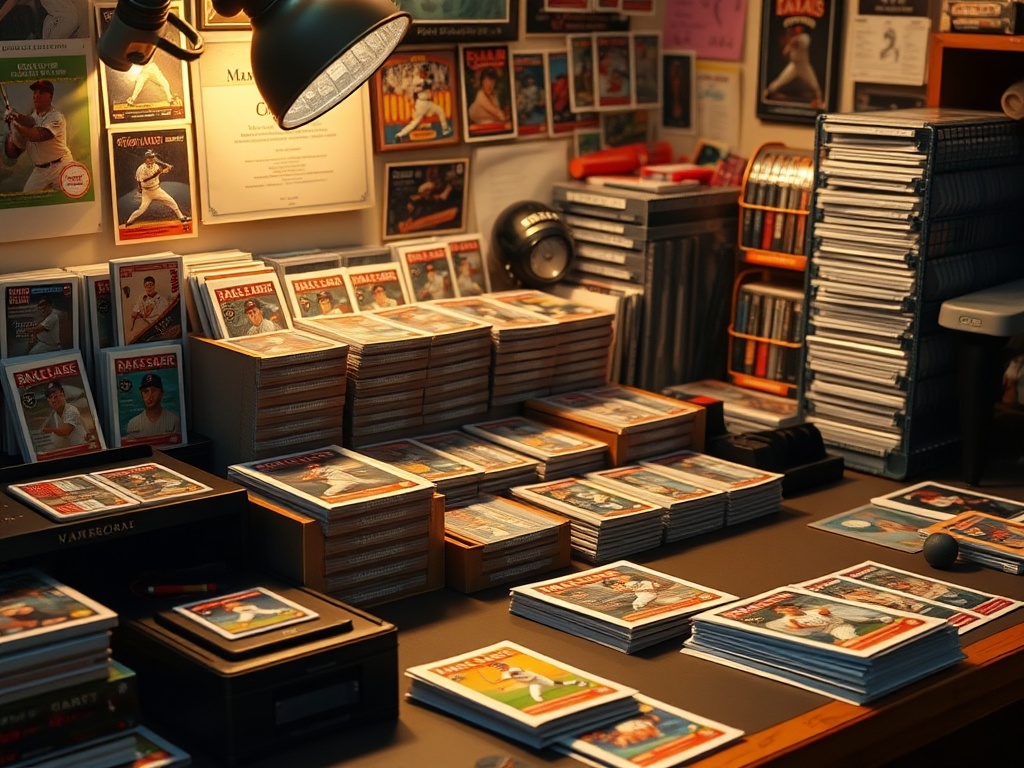 organized baseball card collection on a desk with labeled boxes and sleeves, warm lighting, hobby workspace