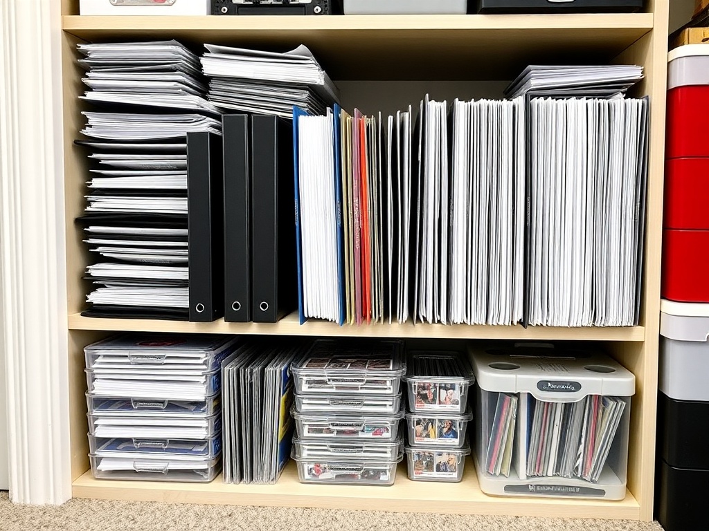 organized baseball card storage with top loaders, binders, and storage boxes neatly arranged