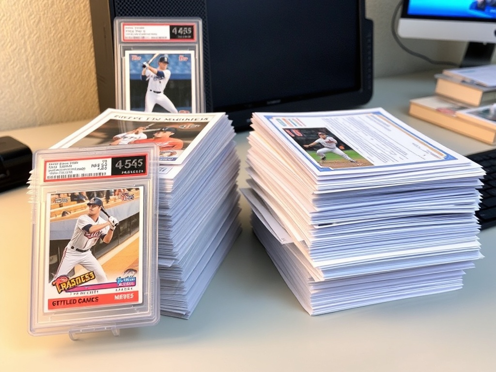 PSA grading submission stack of baseball cards with protective sleeves and forms, clean desk setup