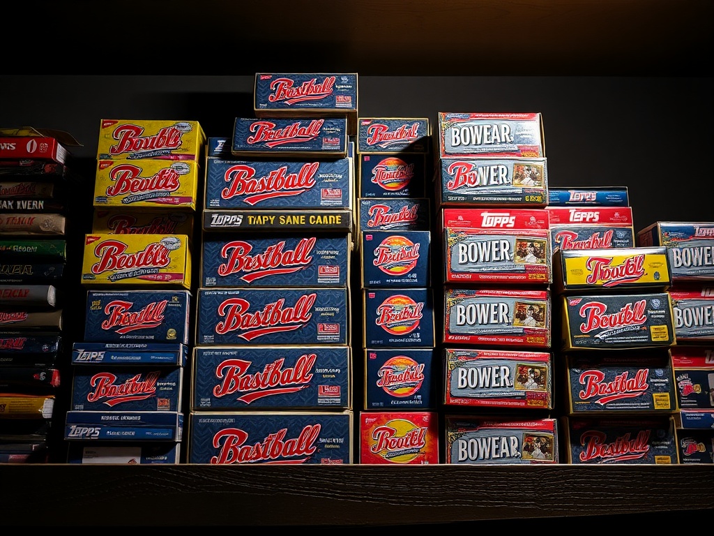 sealed baseball card hobby boxes stacked on a shelf, brands like Topps and Bowman style packaging, dramatic lighting