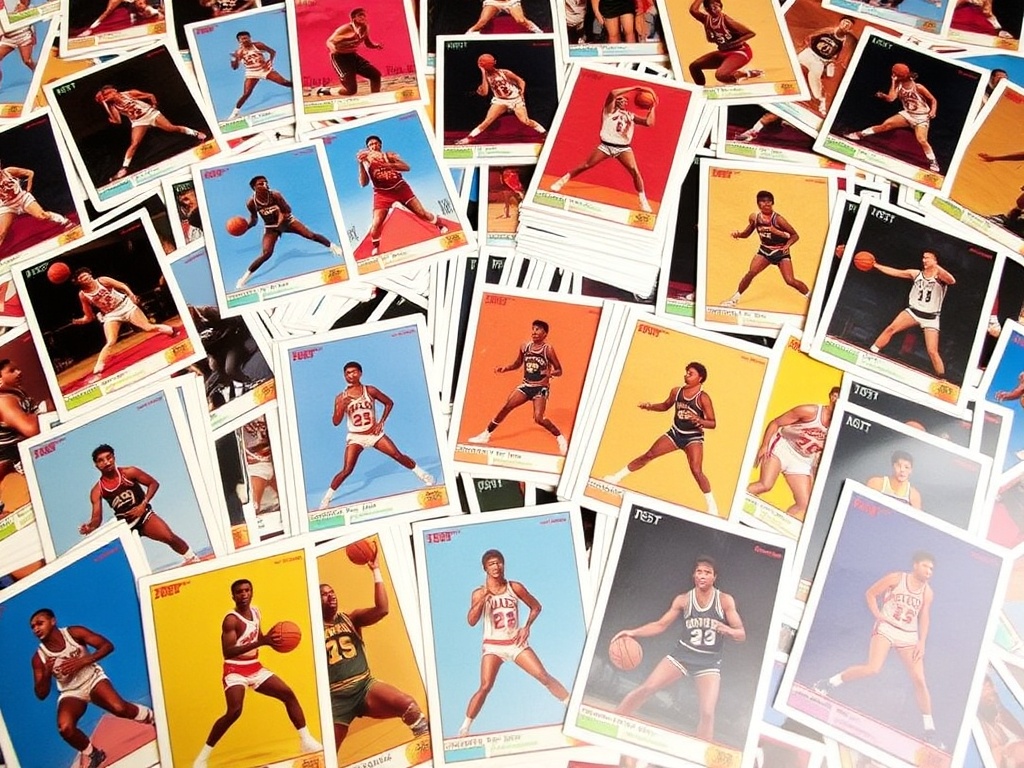 A collection of colorful basketball cards spread on a table, featuring vintage and modern players in action poses.