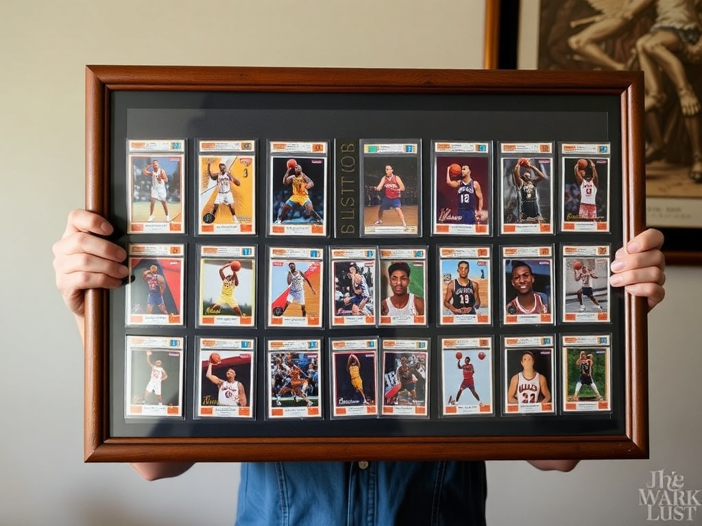 A collector proudly displaying a framed collection of rare basketball cards.