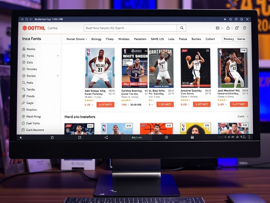 A computer screen showing an online marketplace for basketball cards, with prices and bids.