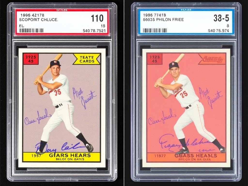 A side-by-side comparison of two graded cards in different conditions.