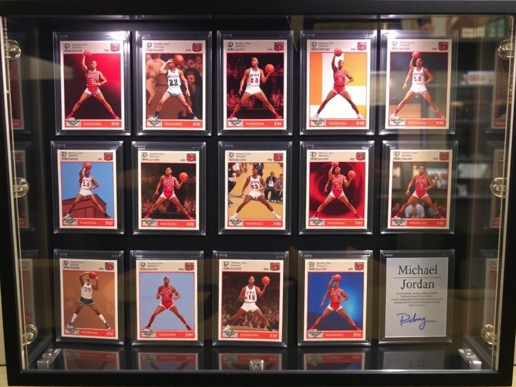 A specialized collection of Michael Jordan rookie cards in a display case.