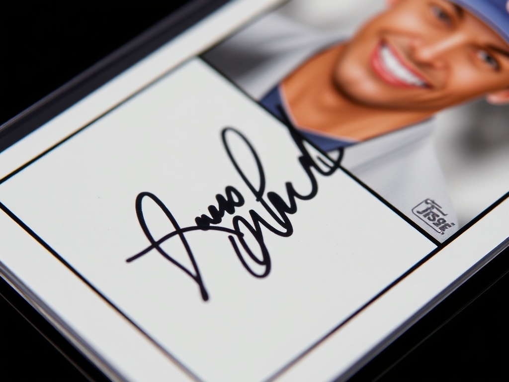 Close-up of a rookie card with a shiny finish and signature from a famous player.