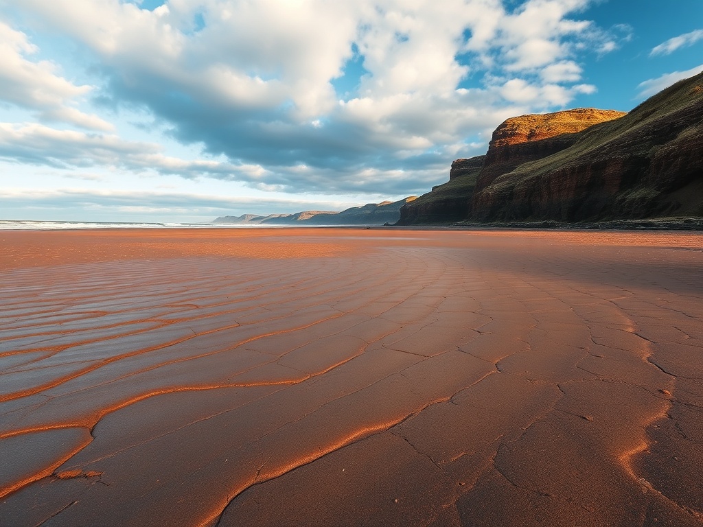 Burntcoat Head Park ocean floor exposed at low tide, red cliffs and long shoreline stretching out