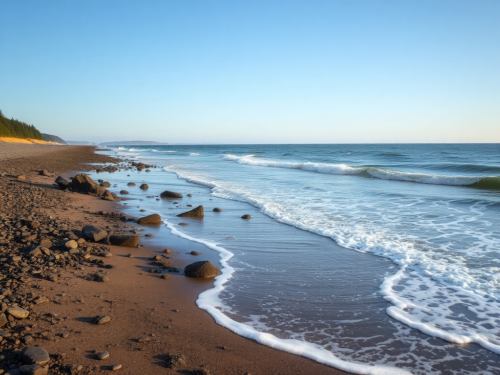 calm Bay of Fundy shoreline with dramatic tidal shift, peaceful coastal scene with changing water levels
