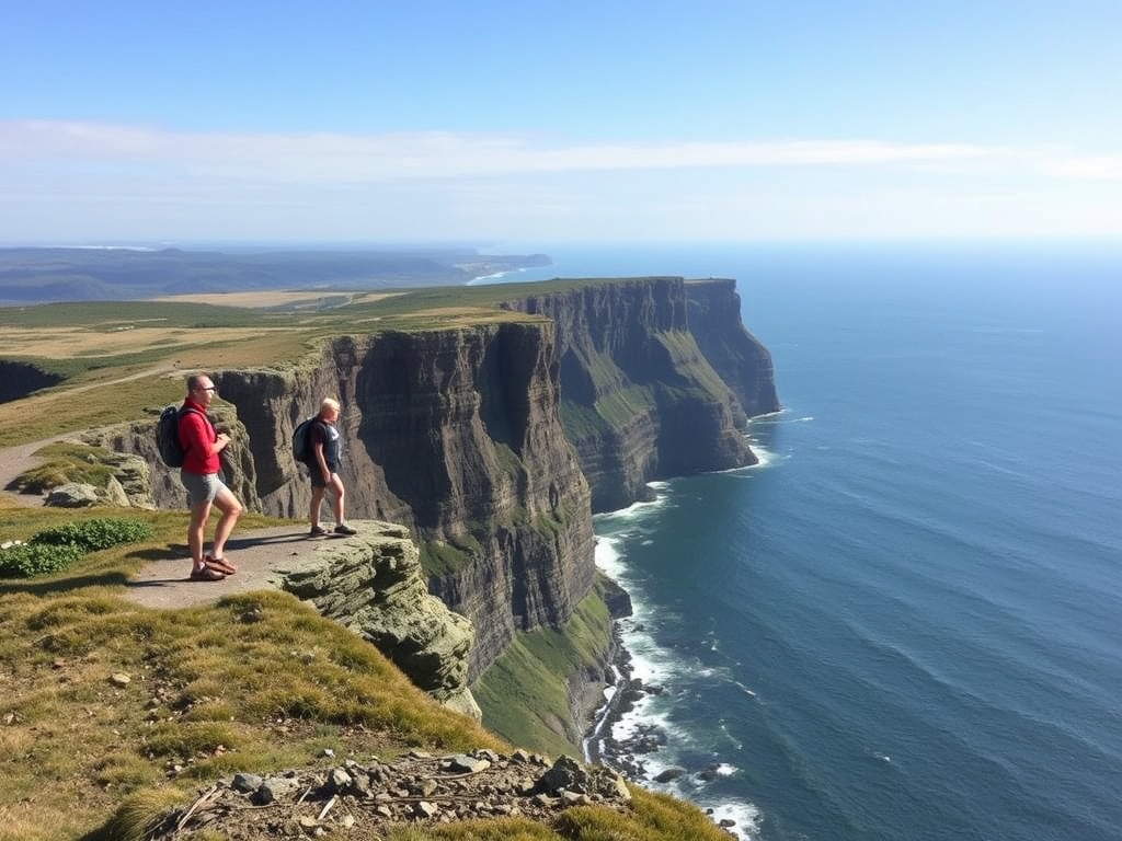 Cape Split cliffs overlooking Bay of Fundy, hikers standing at edge with expansive ocean view