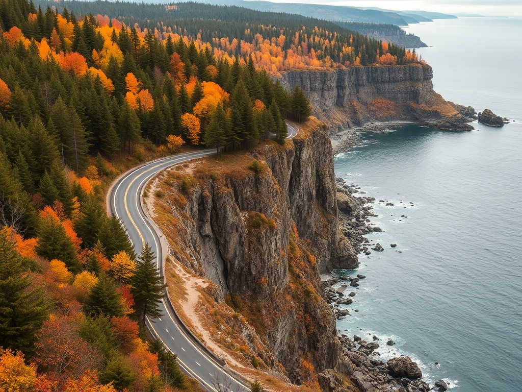 coastal road winding through forest cliffs overlooking Bay of Fundy, scenic lookout, autumn colors