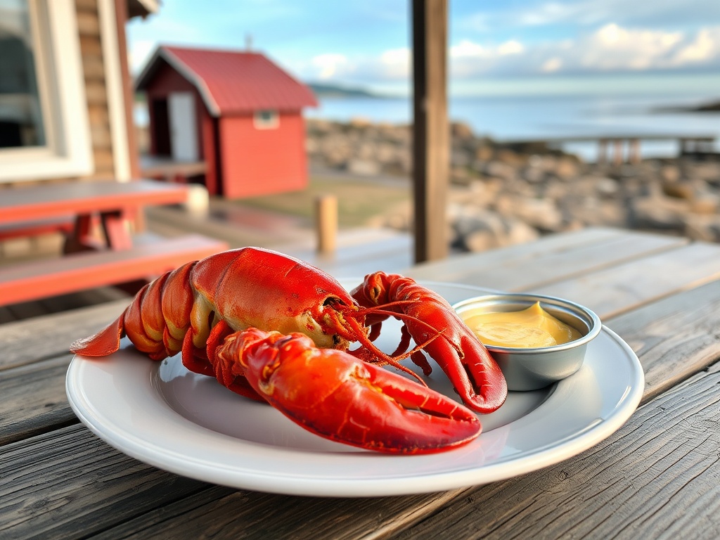 fresh lobster dinner at rustic seaside shack, picnic table overlooking Bay of Fundy, steamed lobster and butter