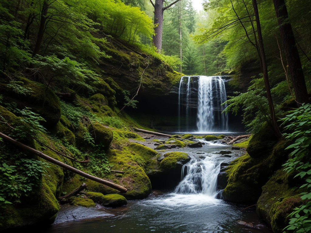hidden waterfall in forest near Bay of Fundy, lush greenery and flowing water after rainfall