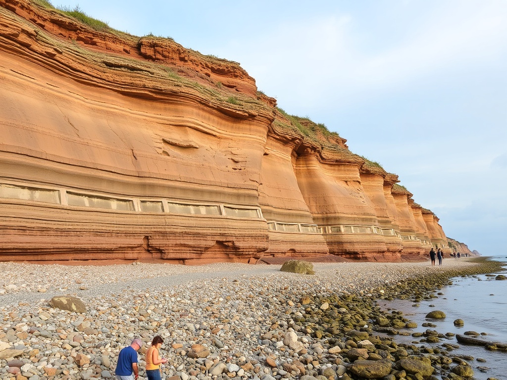 Joggins fossil cliffs with layered rock formations, people examining rocks along shoreline