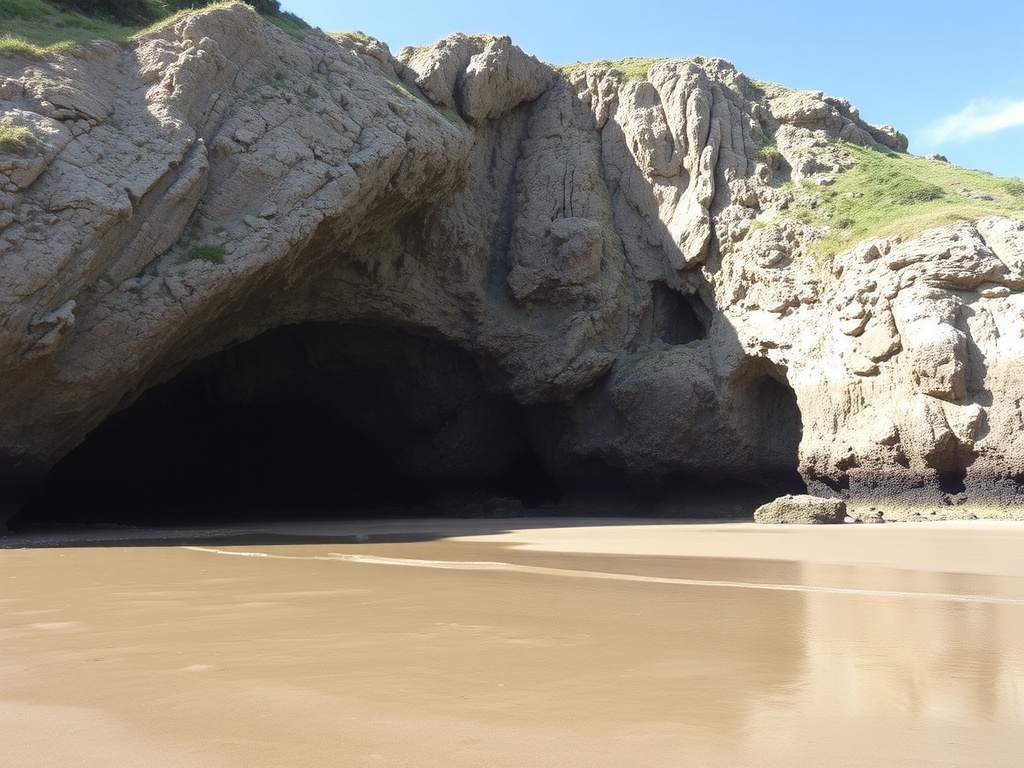 sea caves at St Martins exposed at low tide, rugged coastline and sandy shore