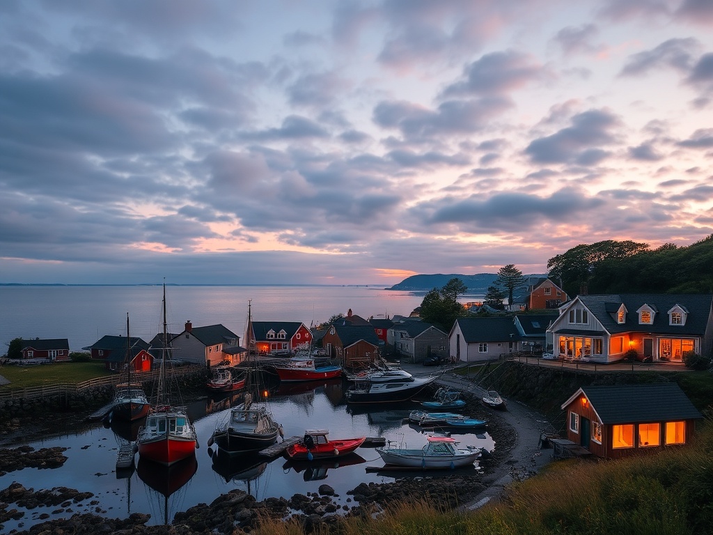 small coastal village at sunset with fishing boats, warm lights in cottages, Bay of Fundy shoreline