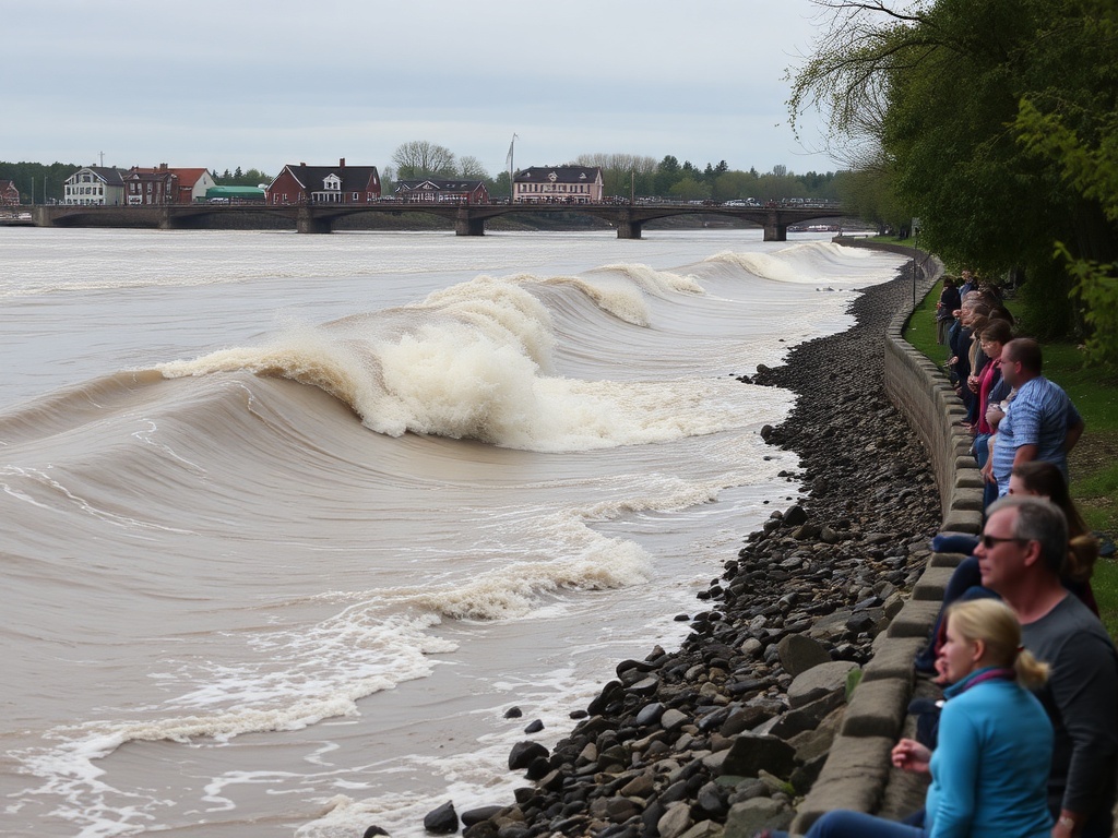 tidal bore wave rolling up muddy river channel in Moncton, spectators watching from riverbank
