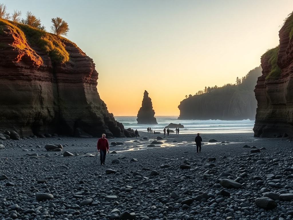 towering flowerpot rocks at low tide with people walking on ocean floor, dramatic Bay of Fundy cliffs, golden hour lighting