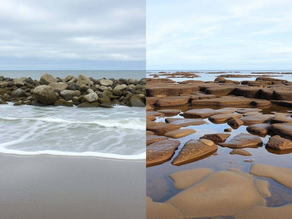 Bay of Fundy tide change comparison high tide covering rocks and low tide exposing same formations side by side visual