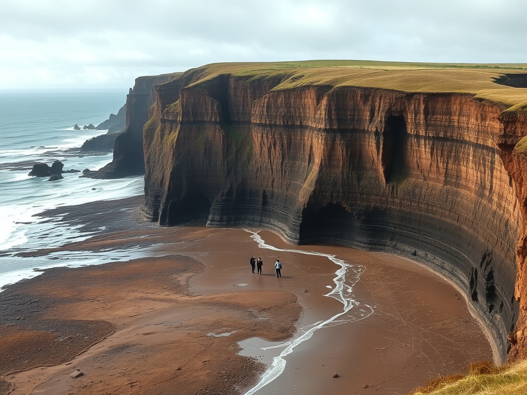 dramatic Bay of Fundy cliffs at low tide with vast exposed ocean floor and people walking far below sea level