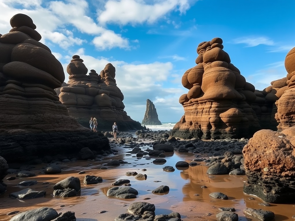 Hopewell Rocks at low tide people walking among towering flowerpot rocks ocean floor exposed wide landscape