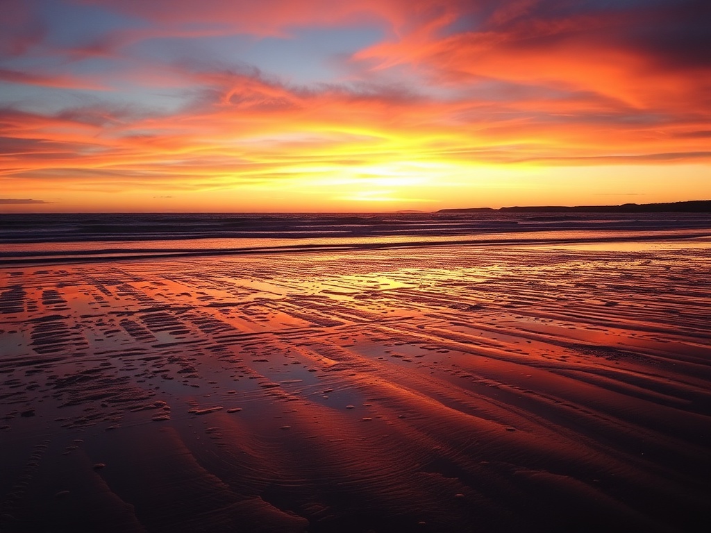 sunset over Bay of Fundy low tide reflections wet sand dramatic sky peaceful atmosphere