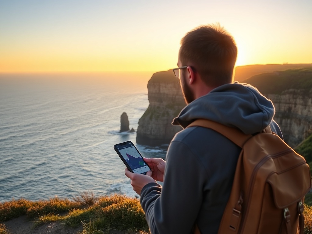 traveler checking tide chart on phone overlooking Bay of Fundy cliffs golden hour light