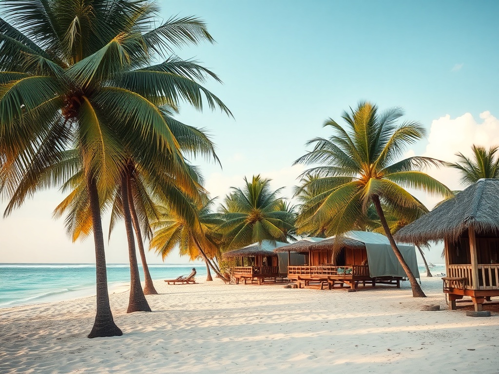 bohemian beach with palm trees, rustic cabanas, and turquoise Caribbean water under soft sunlight
