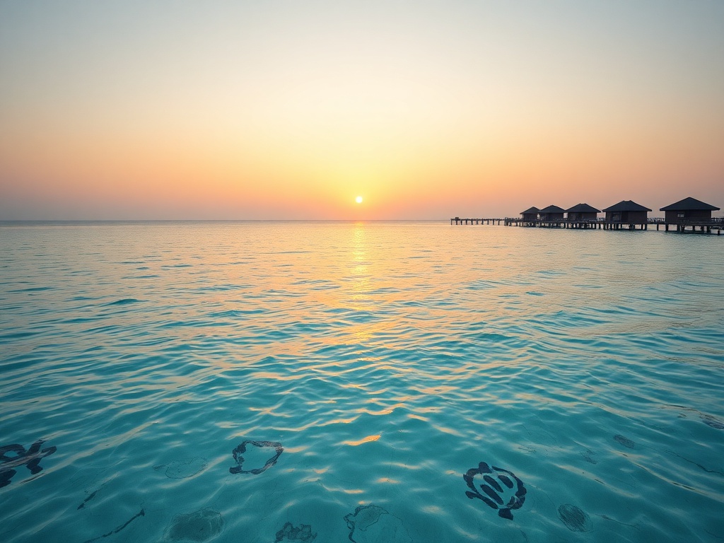 calm shallow lagoon with clear water and distant overwater bungalows during golden hour