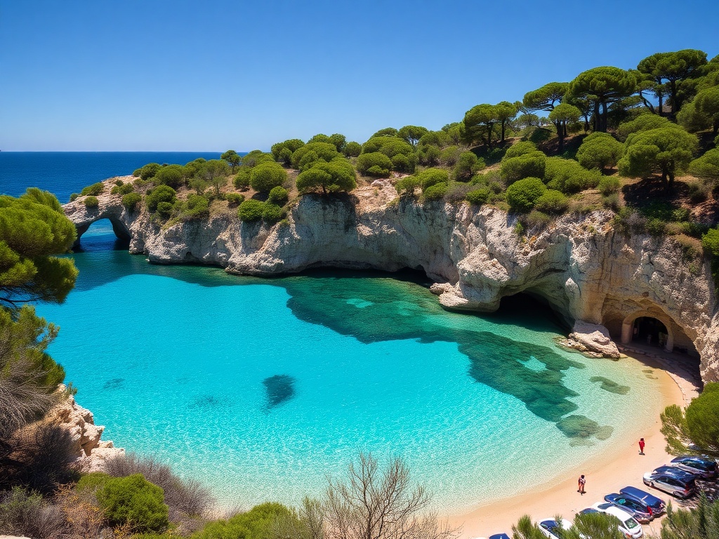 crescent shaped Mediterranean cove with turquoise water and pine-covered cliffs