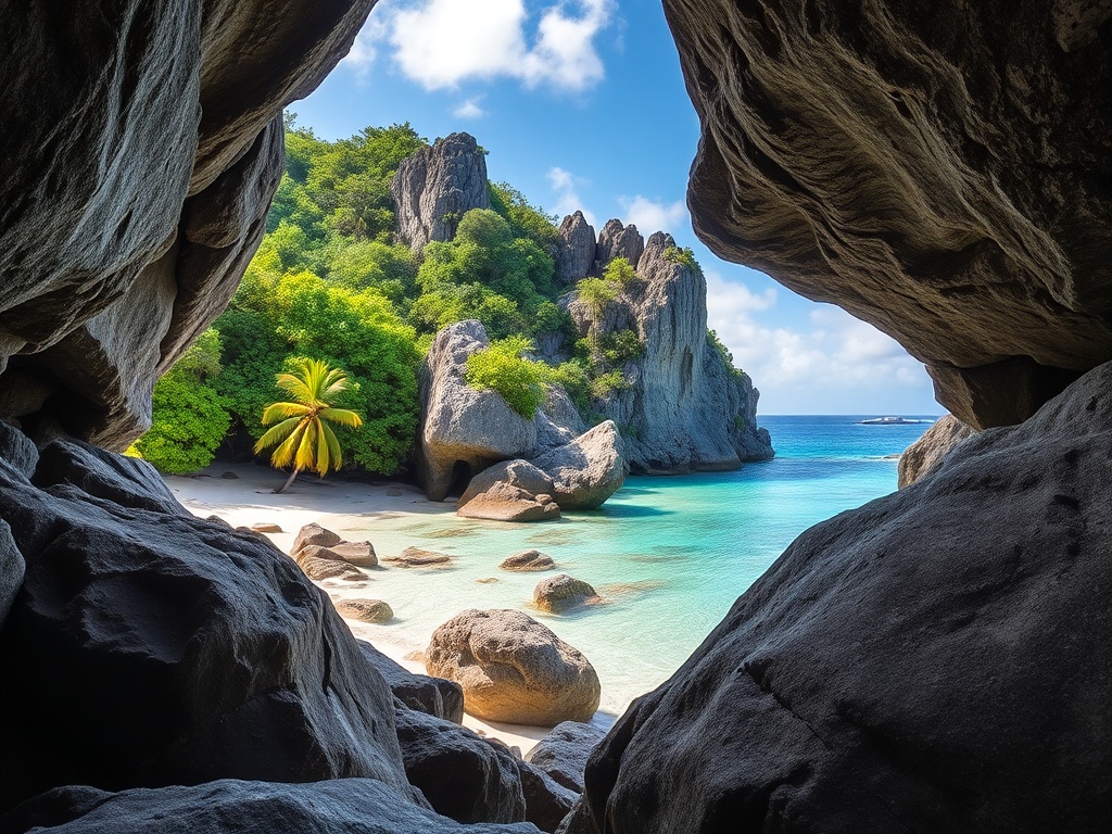 dramatic granite boulders framing a secluded tropical beach with clear blue water and lush greenery