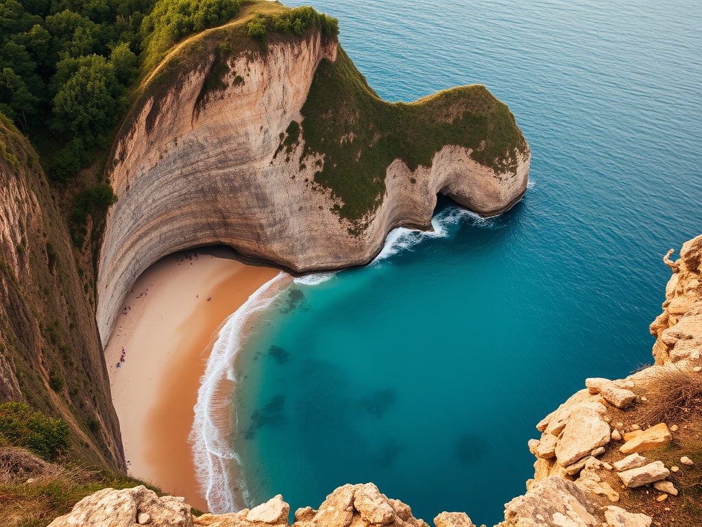 hidden Brazilian beach surrounded by cliffs with golden sand and deep blue water viewed from above