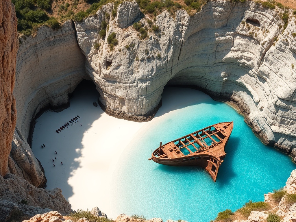 hidden cove with dramatic cliffs and a shipwreck on bright white sand surrounded by electric blue water