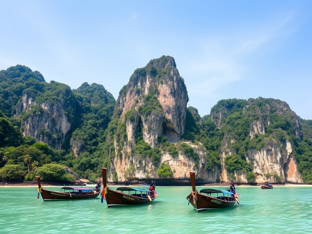 limestone cliffs rising dramatically over a tropical beach with longtail boats and emerald water