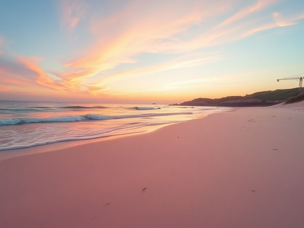 soft pink sand beach at sunset with gentle waves and pastel sky colors