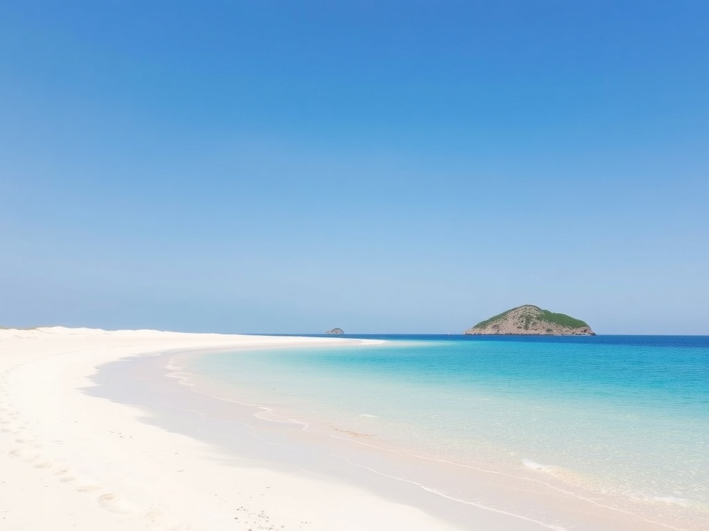 soft white sand beach with twin offshore islands and calm turquoise water under clear skies