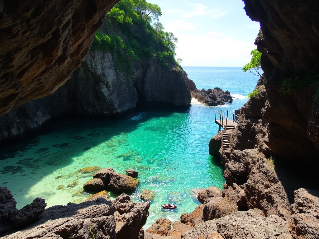 baia do sancho fernando de noronha hidden beach cliffs emerald water stairs descent