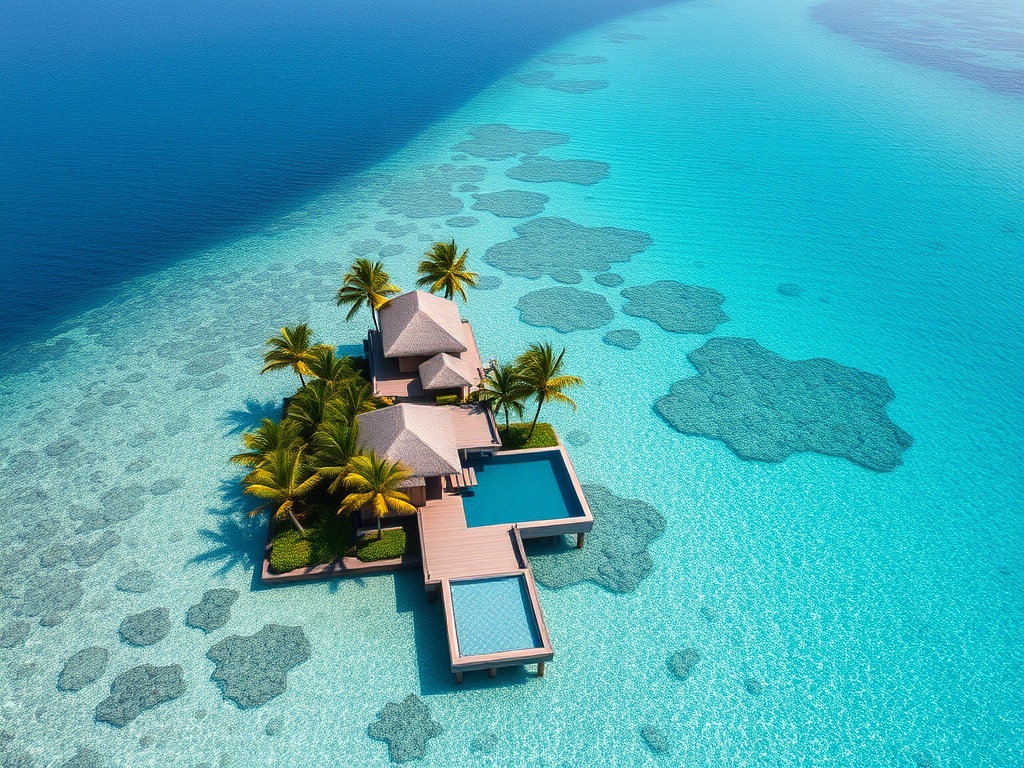 maldives private island villas crystal clear water infinity pool palm trees aerial