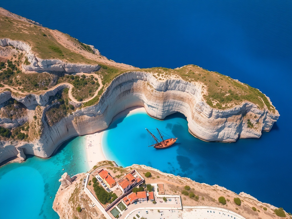 navagio beach shipwreck zakynthos towering cliffs neon blue water cove aerial