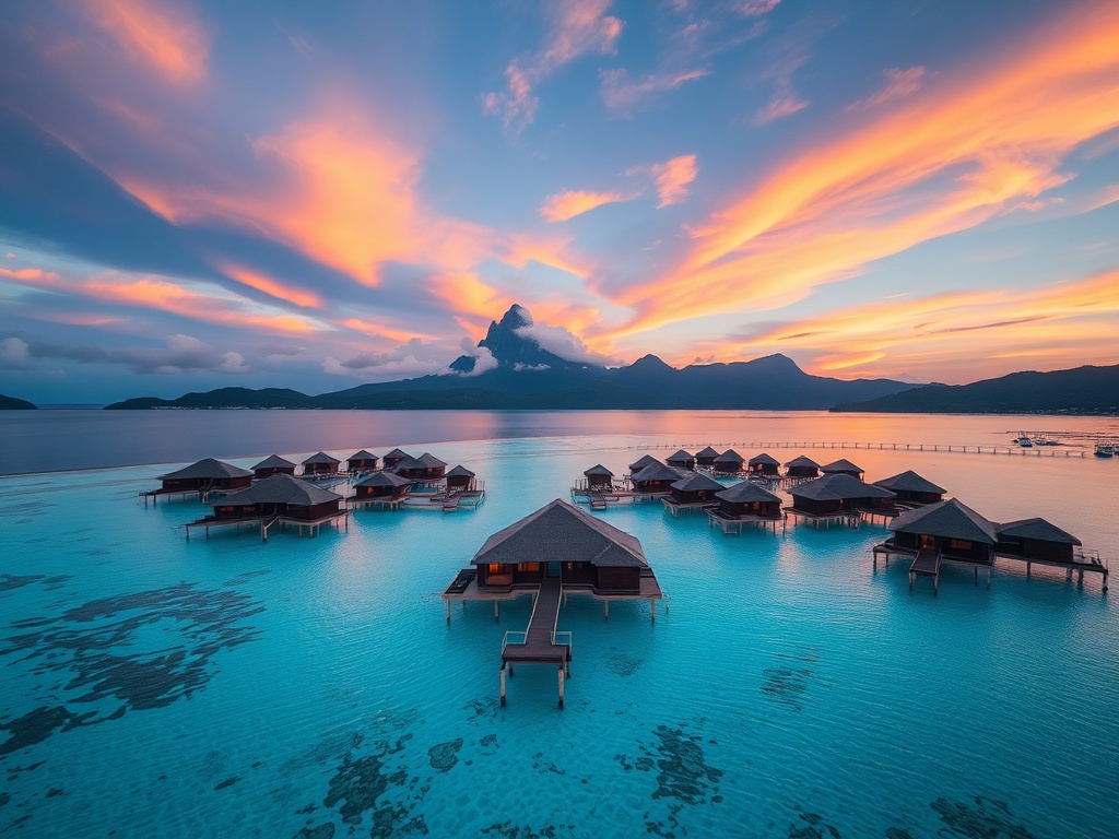 overwater bungalows turquoise lagoon bora bora aerial view dramatic mountain backdrop sunset
