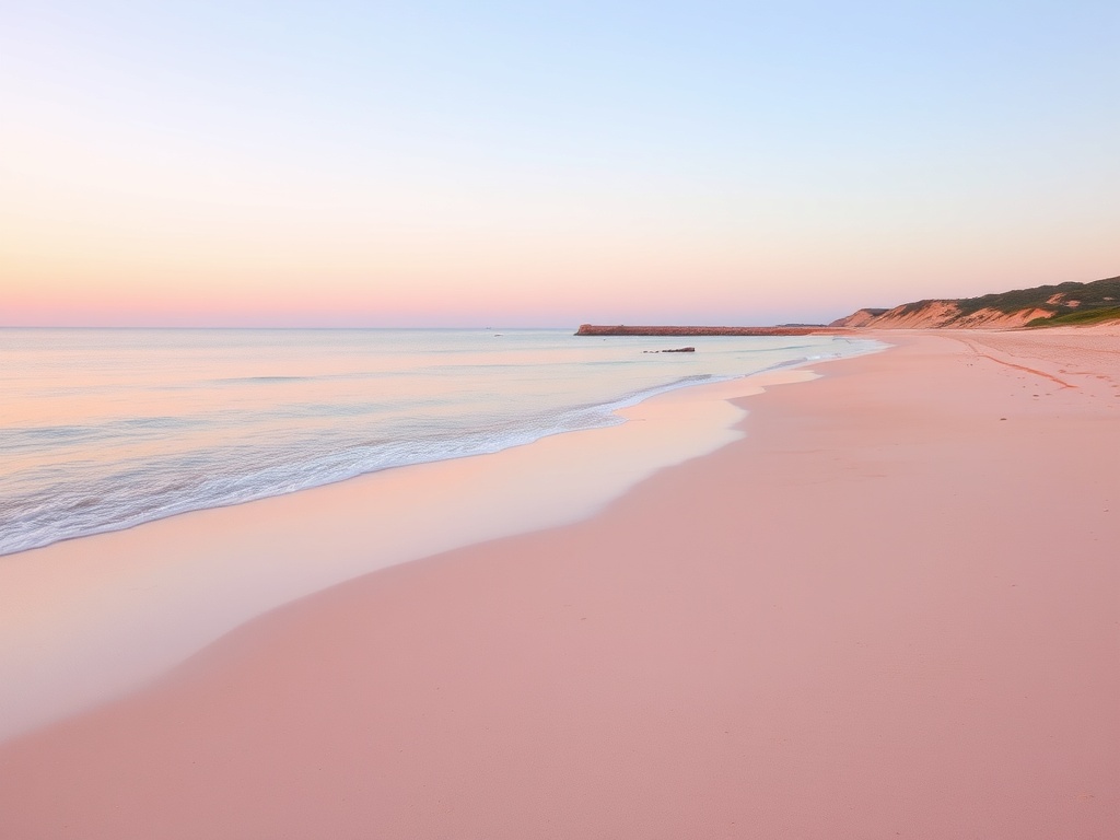 pink sands beach harbour island pastel pink shoreline gentle waves sunrise soft light