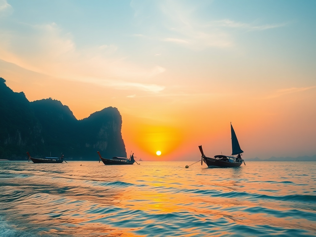 railay beach thailand limestone cliffs longtail boats sunset orange sky calm sea