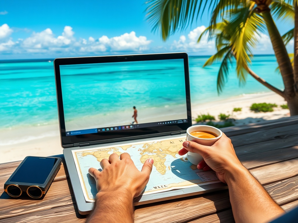 traveler choosing beach destination map laptop coffee tropical planning mood